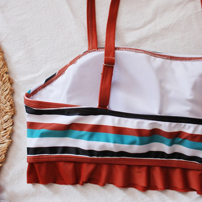 Women Plus Size 3XL 4XL Swimming Suit Summer Striped Print Bandeau Bikini Top High Waist Swimwear Bottom Large Beachwear Biquini