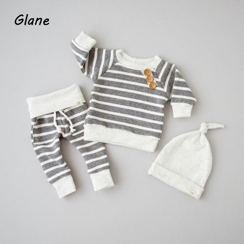 0-18Months 3pcs Striped Outfits set for New born infant baby Boy clothes Long Sleeve T-Shirt Tops+Pants+Hat casual clothing