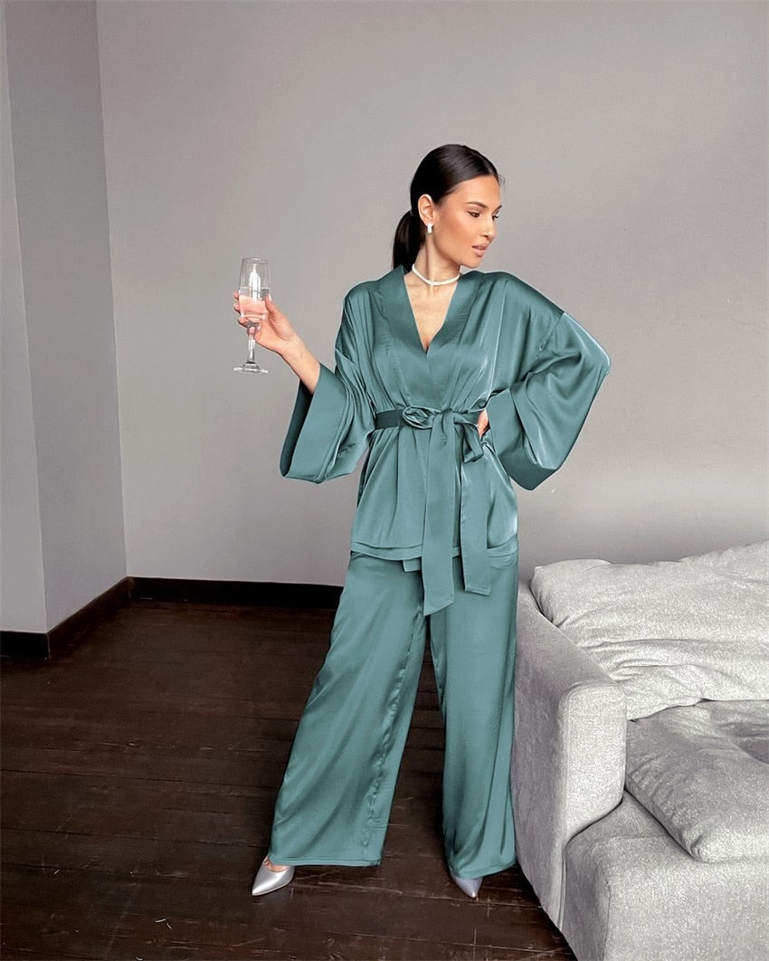 Hwanan Home Suit For Women Sleepwear Loose Flare Pants Three Quarter Sleeve Satin Robe Sets Bathrobe For Home Wear Fashion 2021