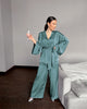 Hwanan Home Suit For Women Sleepwear Loose Flare Pants Three Quarter Sleeve Satin Robe Sets Bathrobe For Home Wear Fashion 2021