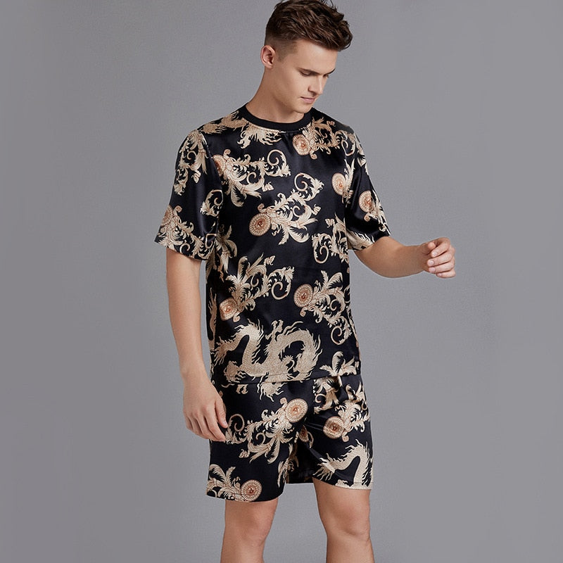 Summer Men Pyjama Set Print Satin Men Pajama Suit Short Sleeve Shorts Silk Pajama Man Sleepwear Spring Pajama Male Nightgown XXL