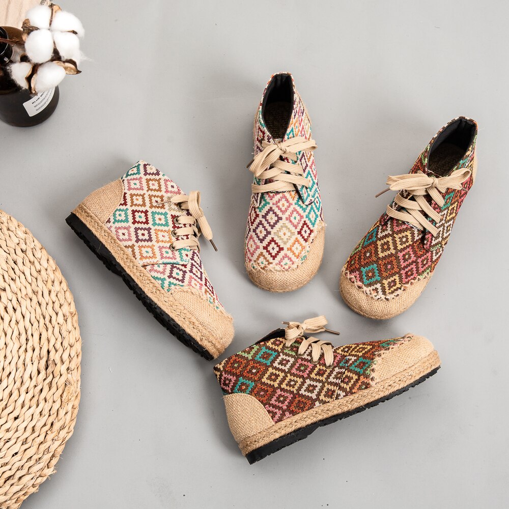 Handmade Women Linen Shoes Ankle Boots Cotton Espadrilles Bohemian Plaid Ladies Casual Flats Platform Sneaker Shoes Woman