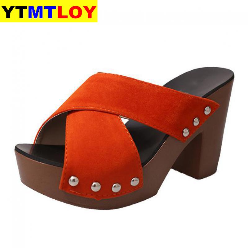 Summer Women Sandals Square High Heel Platform Flock Casual Rivet Pumps Peep Toe Female Elegant Ladies Shoes Zapatos De Mujer