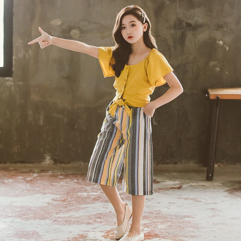 Kids Girls Clothing Set 2021 Summer Fashion Bell Sleeve Top + Striped Pants Casual 2Pcs Set Boutique Outfits Big Girls Clothes