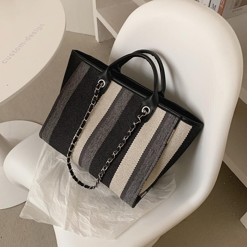 New Women Tote Bag Fashion Linen Large Striped Handbag Chains Shoulder Bags Ladies Big Messenger Bag Shopping Bag