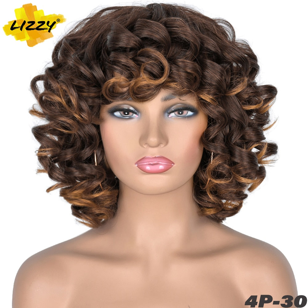 Short Hair Afro Curly Wig With Bangs Loose Synthetic Cosplay Fluffy Shoulder Length Natural Wigs For Black Women Dark Brown 14