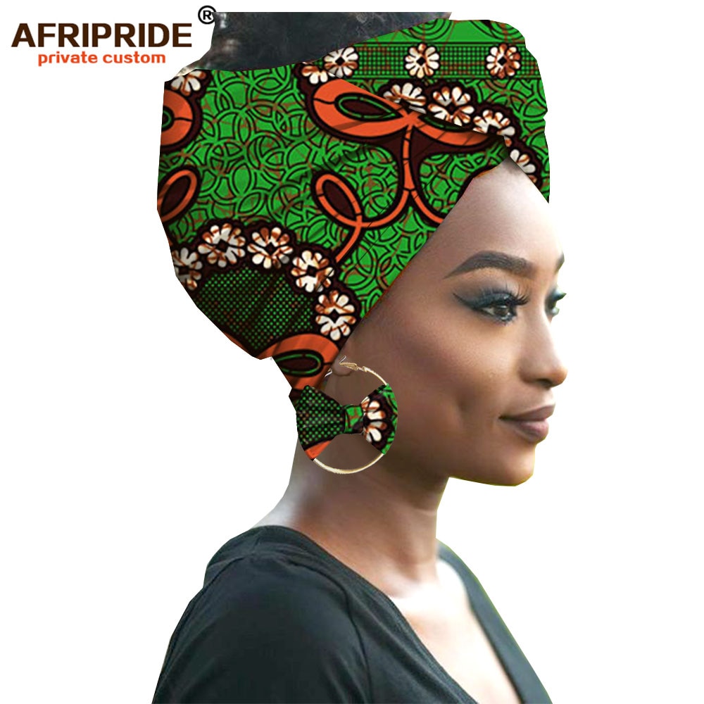 2020 fashion african headwraps+earings 2 piece sets for women bazin riche african head scarf pure cotton A19H002 AFRIPRIDE