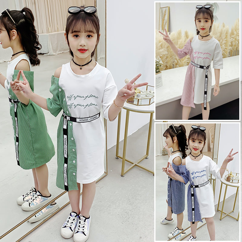 Girls Dress Summer 2021 New Girls Wear Korea Fashion Summer Style Shoulder Dress Tide Asymmetrical Dress Girls 2 To 12 Years
