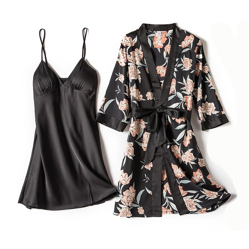 Print Pajamas Set Silky Women 5 Piece Sleepwear Satin Lace Sleep Pyjama Lounge with Belt Chest Pads Sexy Strap Home Nightwear