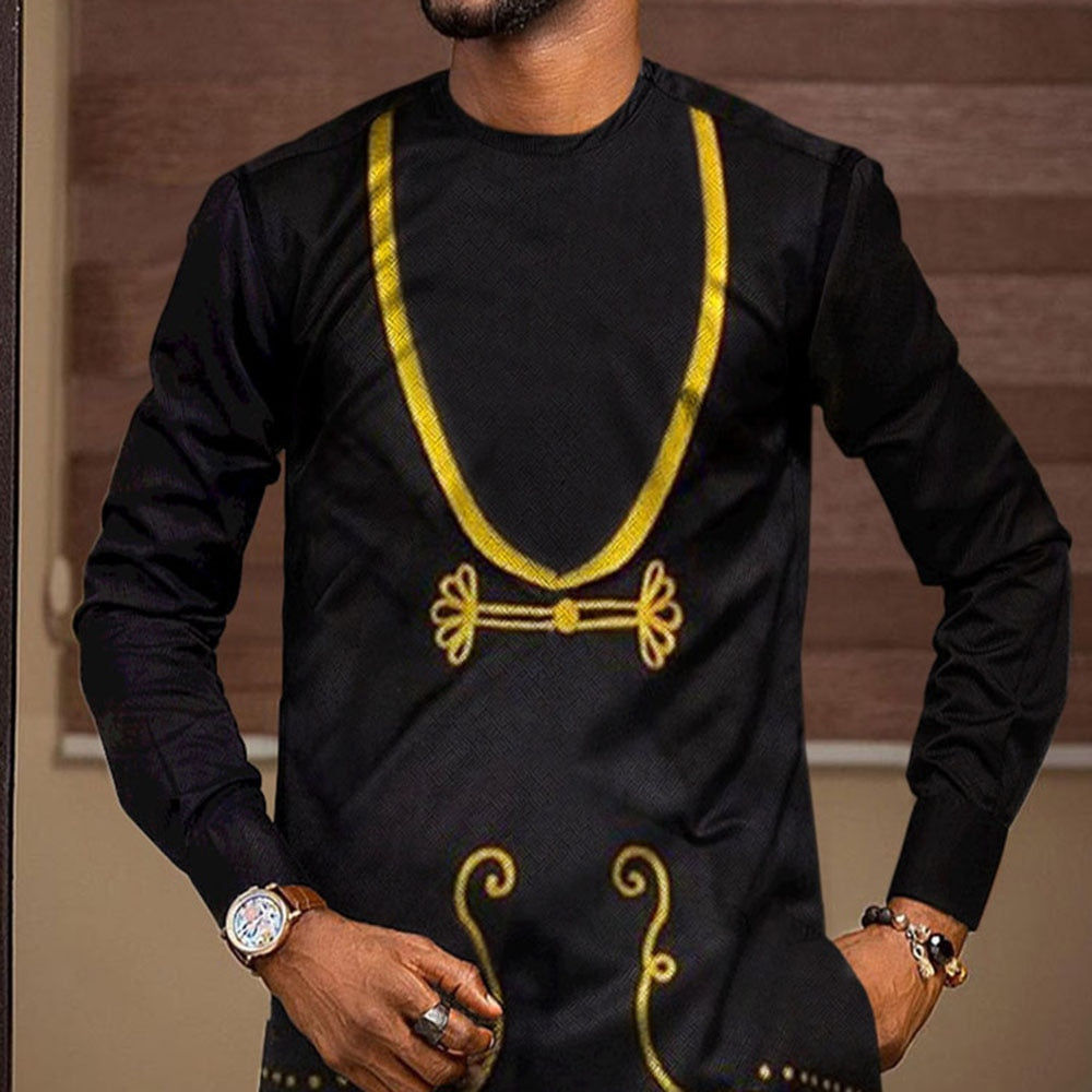 Men's T-shirt Long Sleeve Mid-length Yellow Print Summer African Fashion Ethnic Top Oversized Men's T-shirt Clothing Plus Size