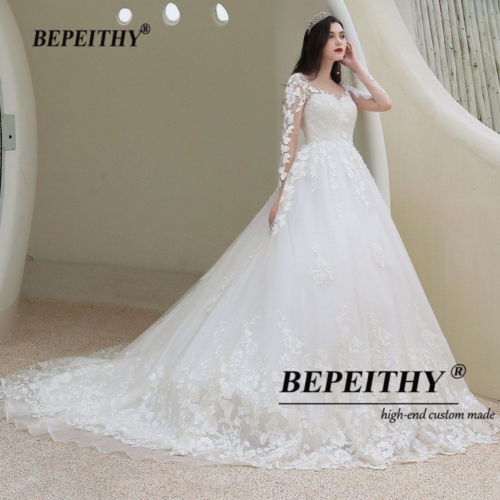 BEPEITHY Lace Romantic Wedding Gowns For Women Long Sleeves France India Bride Princess Bridal Dresses 2021 Vestidos De Novia