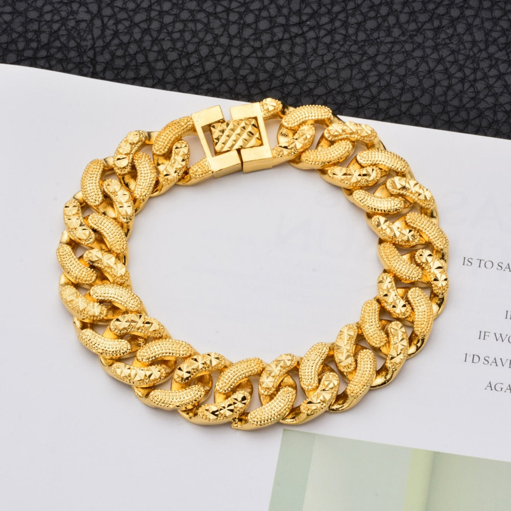 Fashion Plated 24K Gold Multi Shape Punk Bracelet Curb Cuban Chain Gold Color Bracelets Bangle For Men Women Jewelry Gifts