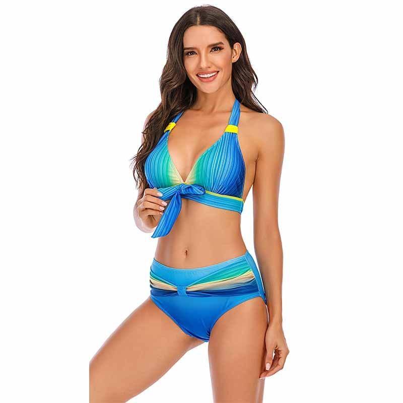 S-5XL Plus Size Neon Striped Bikini Set Push Up Women High Waist Halter Beach Swimwear Retro Bowknot Bathing Suit Swimming Suit - Surprise store