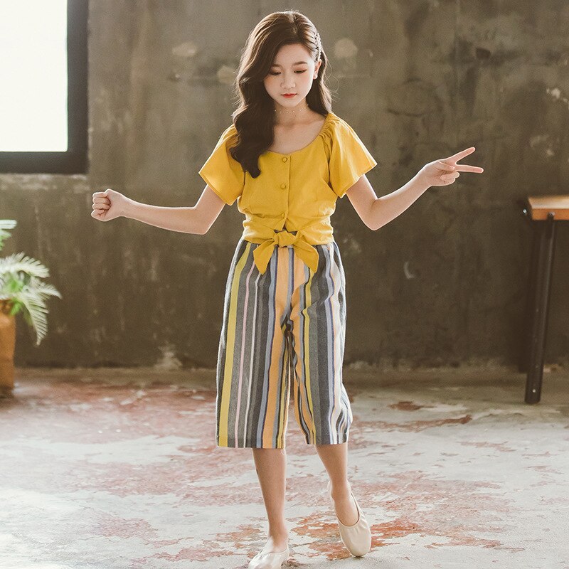Kids Girls Clothing Set 2021 Summer Fashion Bell Sleeve Top + Striped Pants Casual 2Pcs Set Boutique Outfits Big Girls Clothes