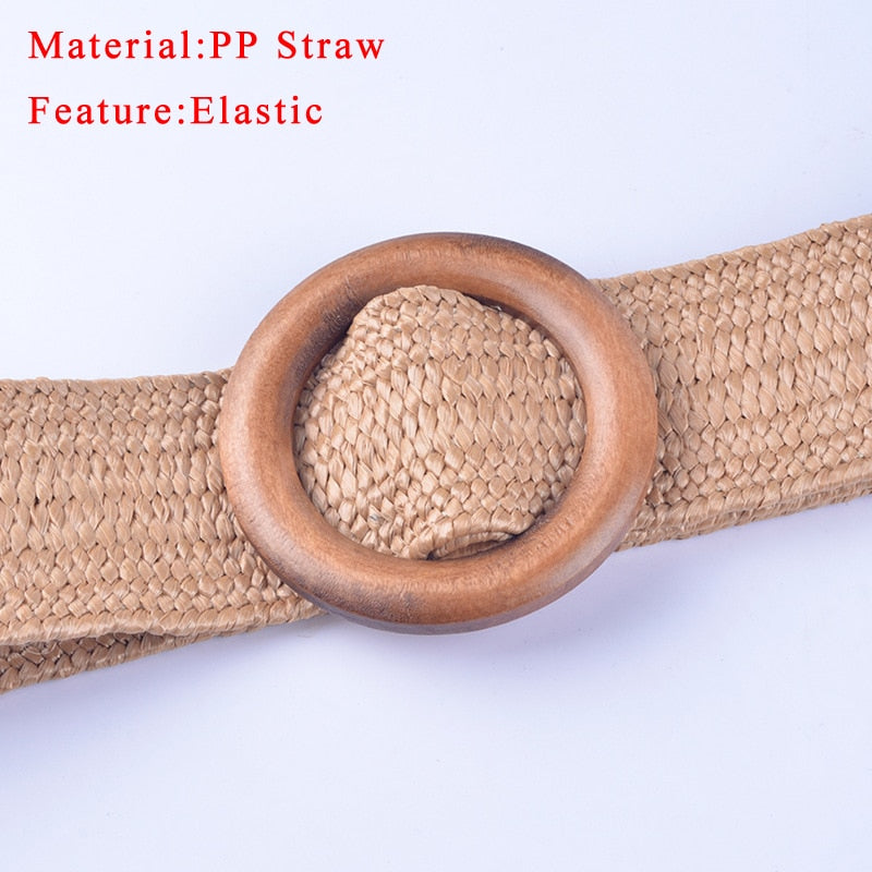 Round Wooden Buckle Dress Belt For Women Casual Female Braided Wide Strap Female Designer Woven Girls Elastic PP Straw Belts 111
