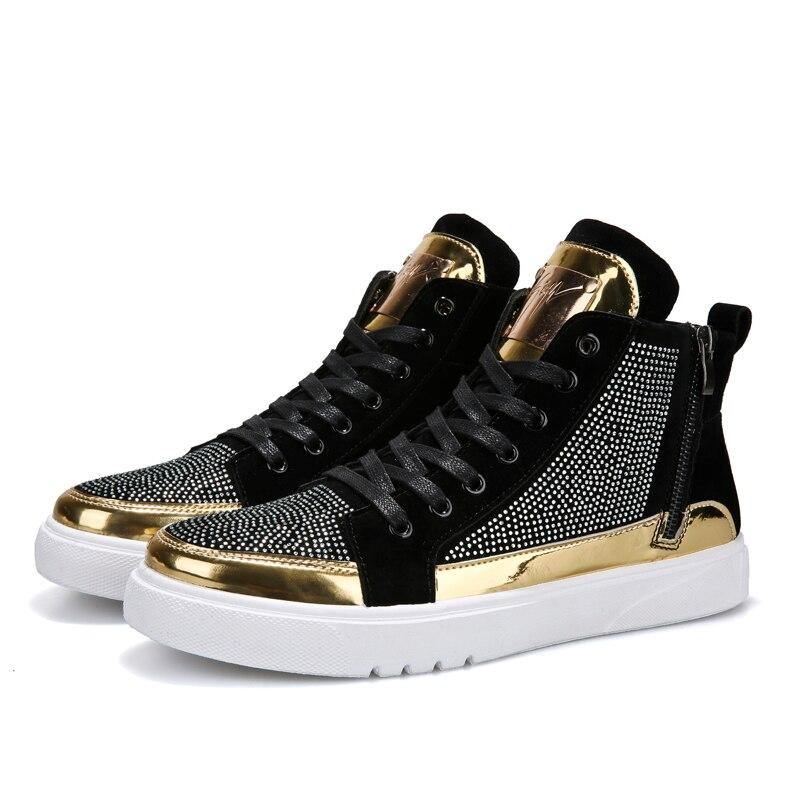 2019 Cool Men High Top Men Gold Glitter Sneakers Lace Up Crystal Platform Flats Gold Shoes Man Sequins krasovki Bling Shoes AC-2 - Surprise store