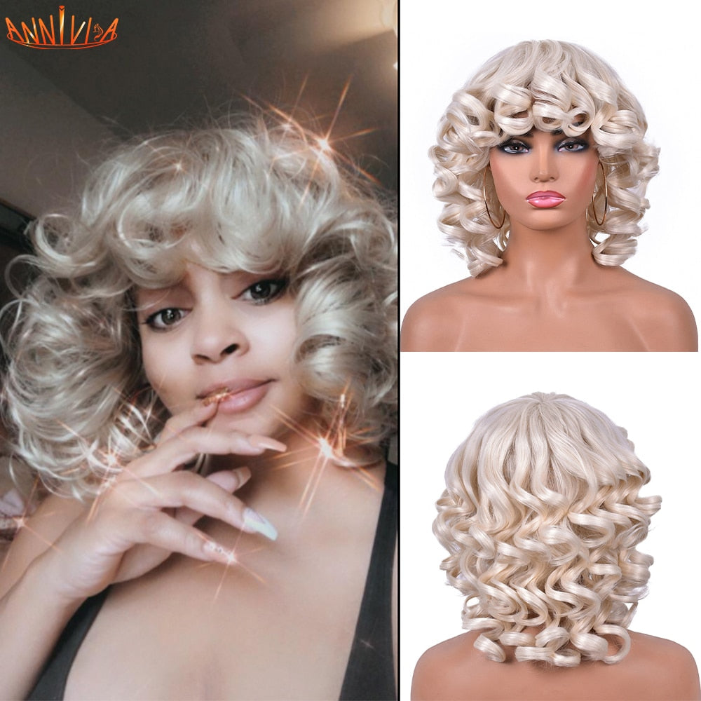 Short Hair Afro Kinky Curly Wigs With Bangs For Black Women Synthetic African Ombre Glueless Cosplay Wigs High Temperature
