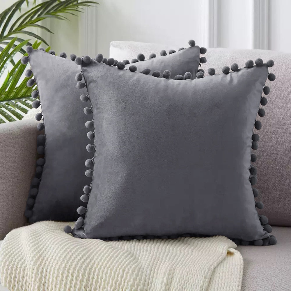 Soft Velvet Pillowcases Solid Cushion Cover Square Decorative Pillows With Balls For Sofa Bed Car Home Throw Pillow