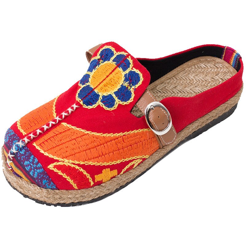 Colorful Rainbow Women Casual Linen Knitted Handmade Mules Slippers Retro Vegan Summer Ladies Canvas Comfortable Shoes
