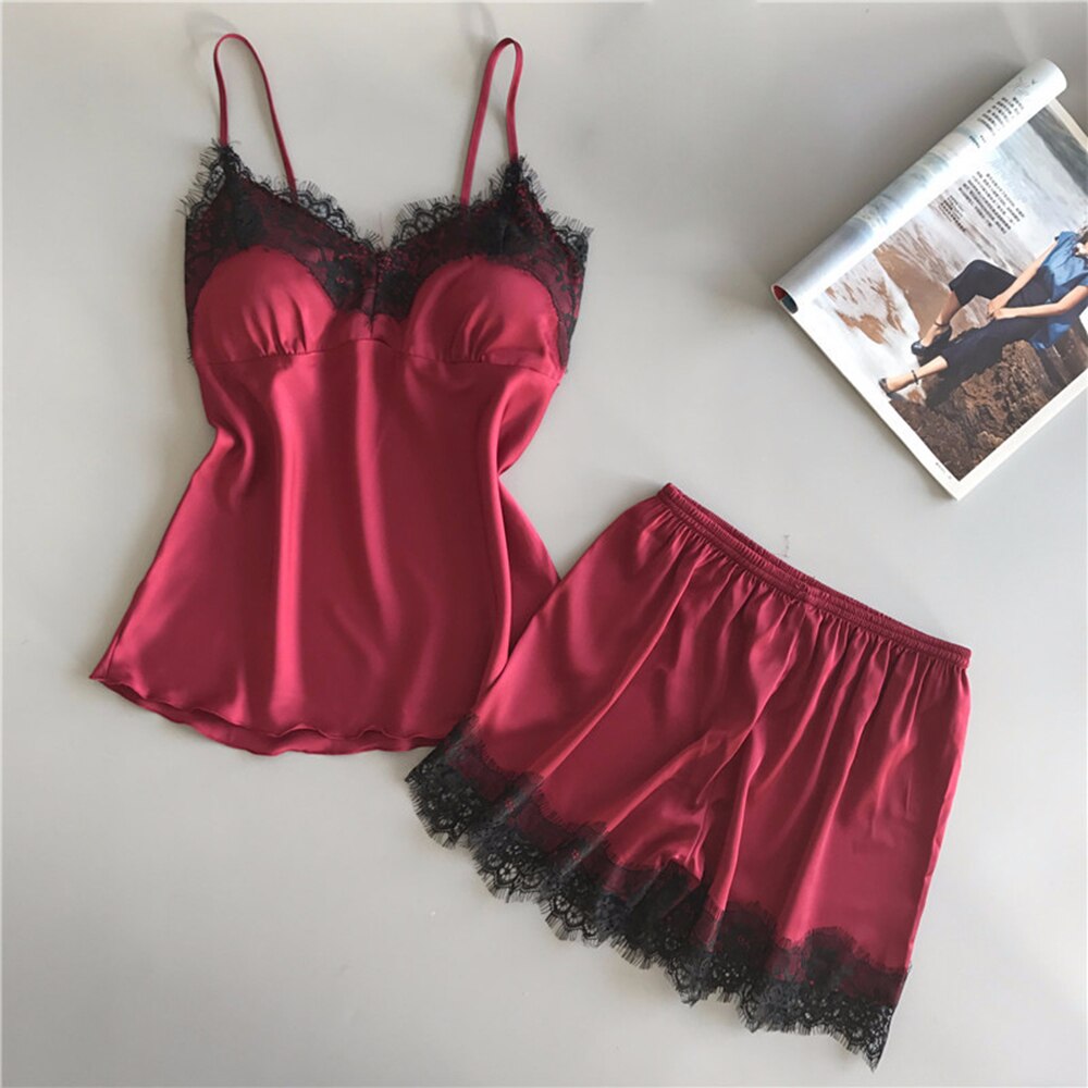 Women's Pajamas Set Home Suit Top and Shorts Sexy V-Neck Sleeveless Satin Lace Sleepwear Pijama Home Clothes for Women 2021