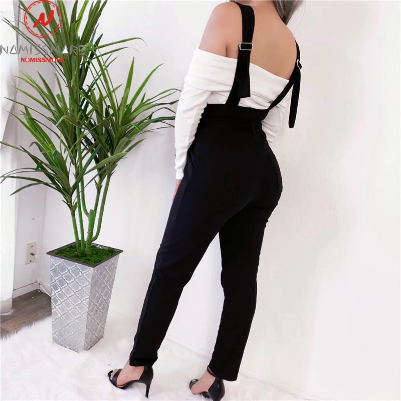 Women Streetwear Long Pants Bandage Design Button Pockets Decor High Waist Pencil Pants Lady Slim Hips Shoulder Straps Trousers