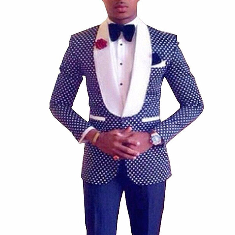 Two Pieces Royal Blue Men's Polka Dots Groomsmen Shawl Lapel Mens Suit For Wedding Bridegroom Tuxedo Prom (Blazer+Pants)