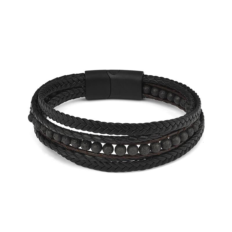 Jiayiqi Fashion Natural Stone Beads Men Bracelet Multilayer Leather Bracelet Punk Jewelry Stainless Steel Magnetic Clasp Bangles