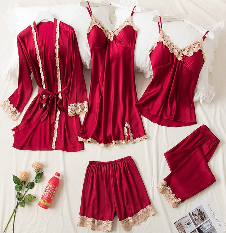 AGOTYOO 5 Piece Pajamas Sets Sexy Lace Stain Homewear Women Pajamas Faux Silk Dressing Gown Summer Autumn Robe Sleepwear Pyjama