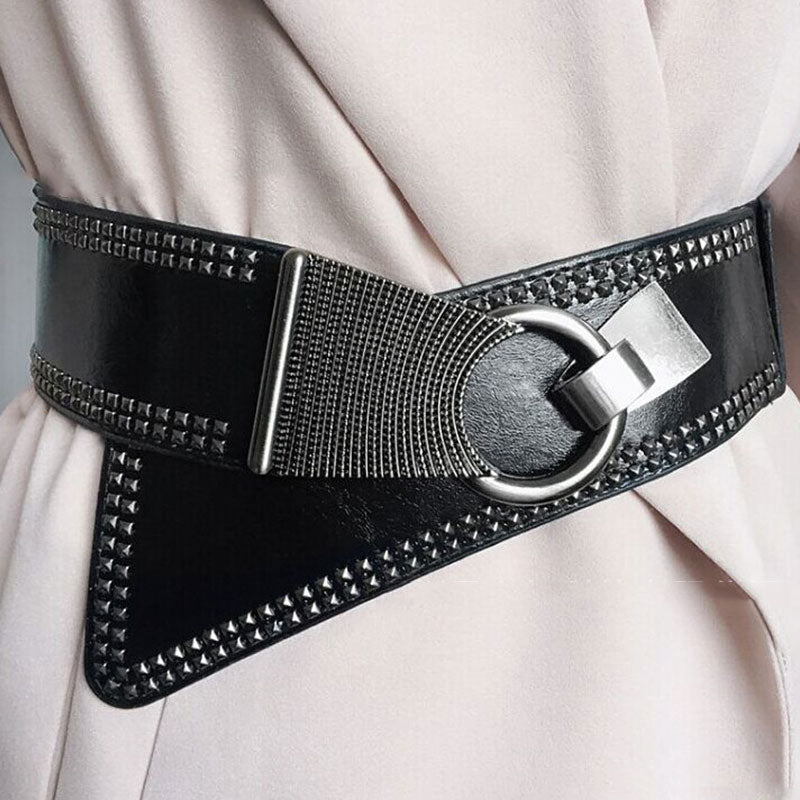 Fashion Wide Waist Belt Metal Round Buckle Punk Belts Stretchy Dress Waistband Pu Leather Cummerbunds European Style Lady Belts