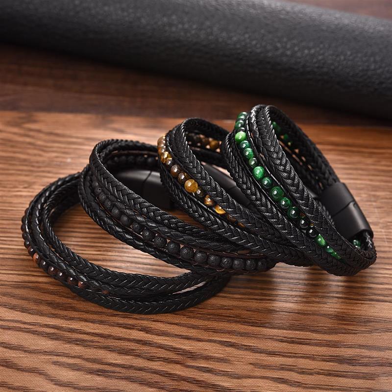 Jiayiqi Fashion Natural Stone Beads Men Bracelet Multilayer Leather Bracelet Punk Jewelry Stainless Steel Magnetic Clasp Bangles