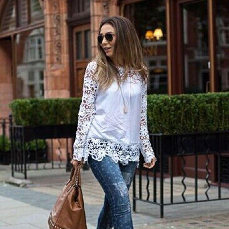 Spring and summer chiffon shirt women's casual long-sleeved hollow flower lace shirt shirt women - Surprise store