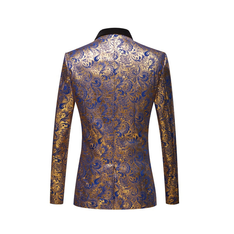 PYJTRL Mens Three-piece Set Wedding Suits Gold Floral Pattern Slim Fit Party Prom Dress Tuxedo Singers Costume Smoking Uomo
