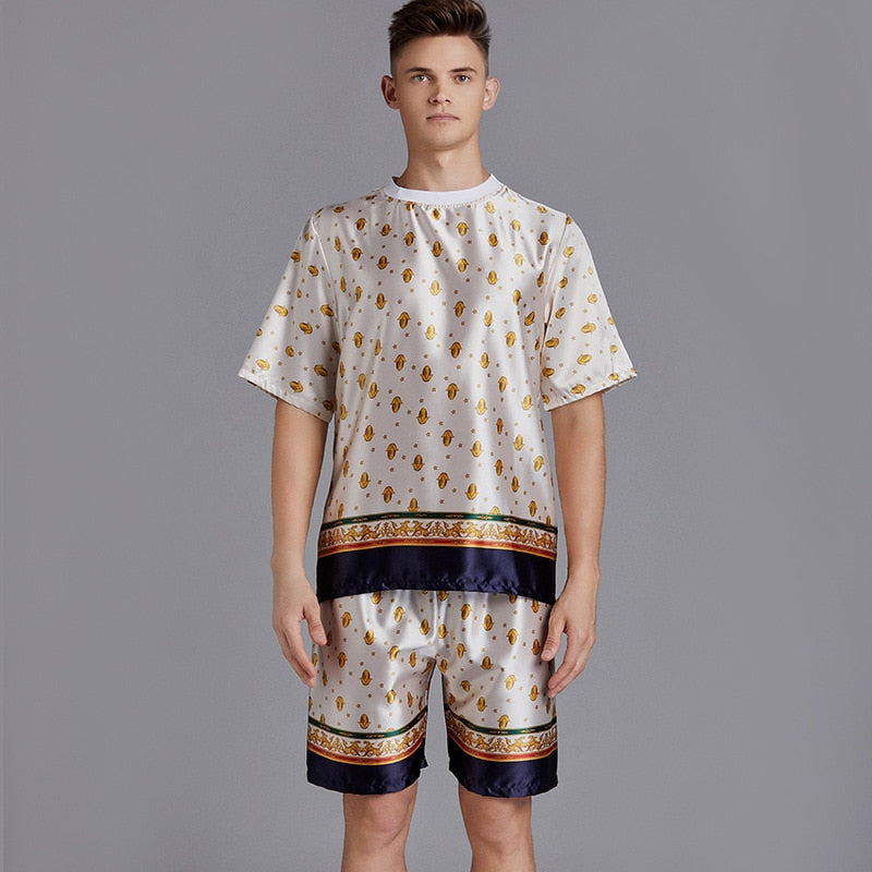 Silk Men Pajama Sets Satin Pajama Man Sleepwear Pajamas Nightgown Summer Short Sleeve Print Men Pyjamas
