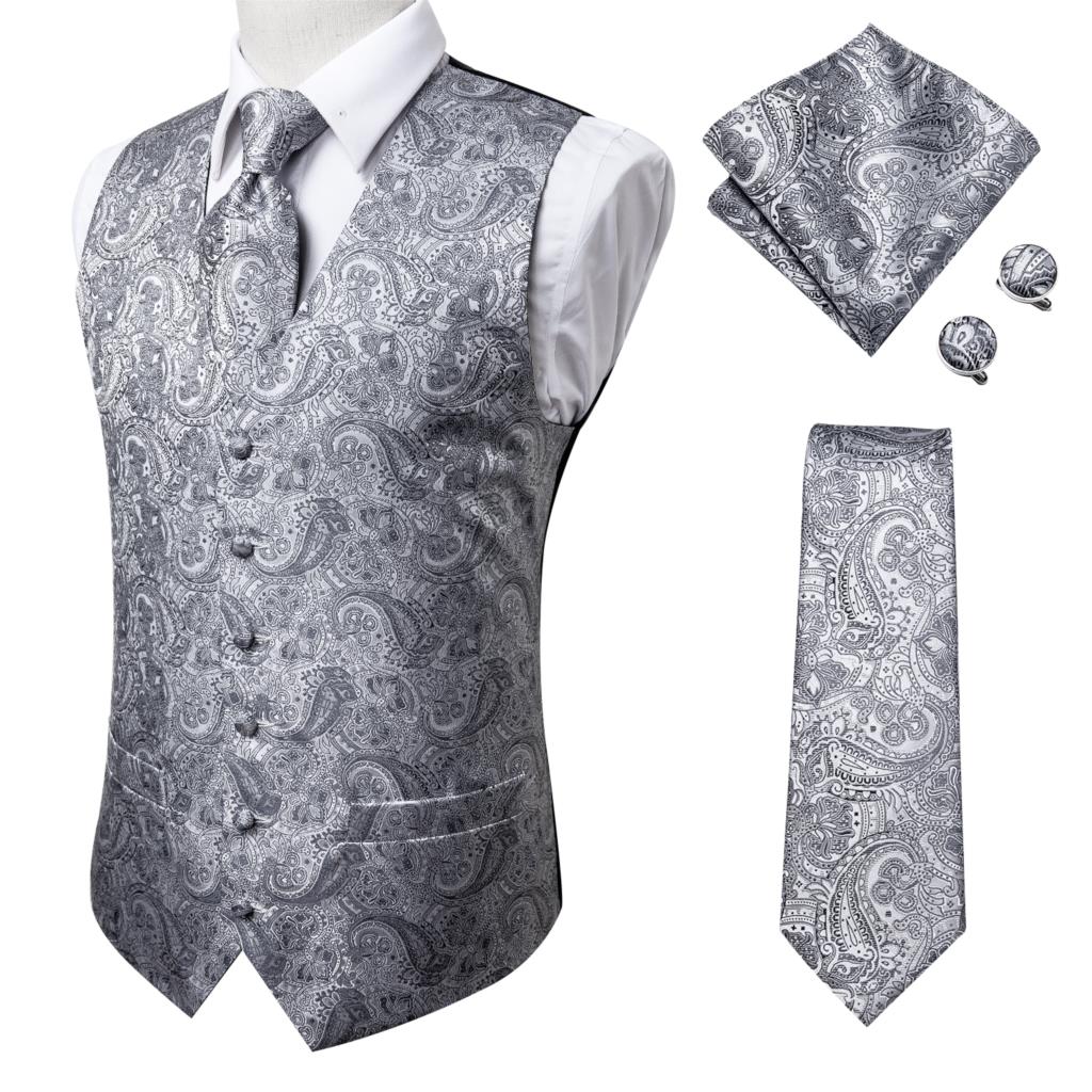 Hi-Tie 11 Kinds Silk Men's Waistcoat and Tie Set Business Wedding Vests With Necktie Hankerchief Cufflinks Floral Paisley Slim