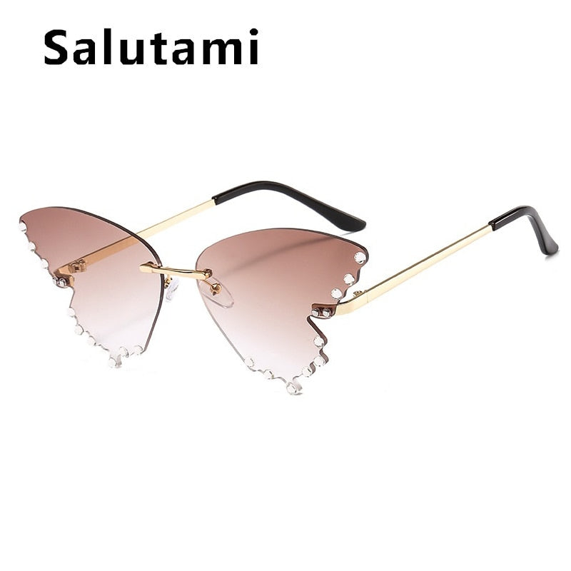 Unique Rimless Crystal Butterfly Cat Eye Sunglasses For Women Fashion Alloy Elegant Sun Glasses Female Rhinestone Party Shades