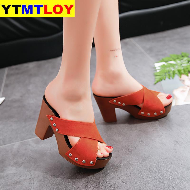 Summer Women Sandals Square High Heel Platform Flock Casual Rivet Pumps Peep Toe Female Elegant Ladies Shoes Zapatos De Mujer