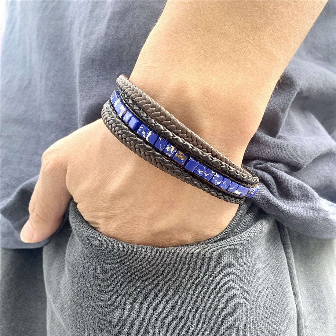Multilayer Bracelet Natural Stone Genuine Leather Braided Wrap Bangle Stainless Steel Magnetic Clasp Bracelet Men Jewelry