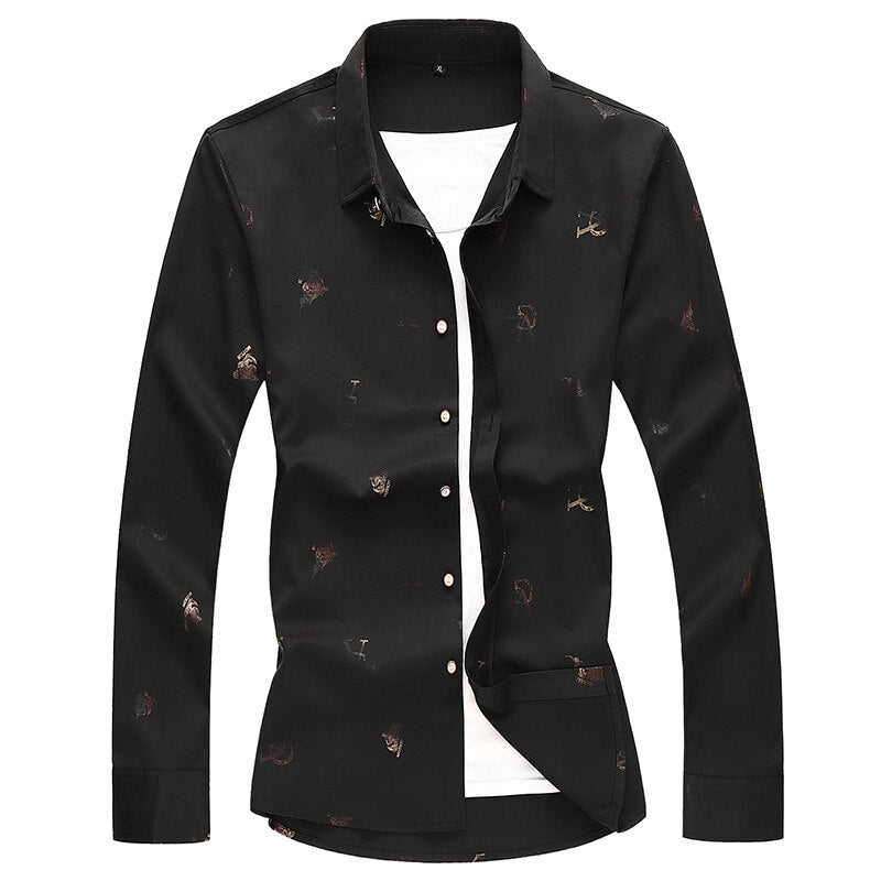 Brand Men's Fashion Long Sleeve Shirt Spring Autumn Slim fit Business Casual Print Shirts Male Plus Size 5XL 6XL 7XL