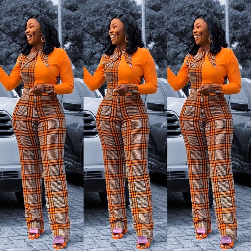 Long Sleeve Plaid Jumpsuit Women Office Ladies Spring Autumn Party Club Patchwork Loose Straight Rompers Solid Playsuits 2XL