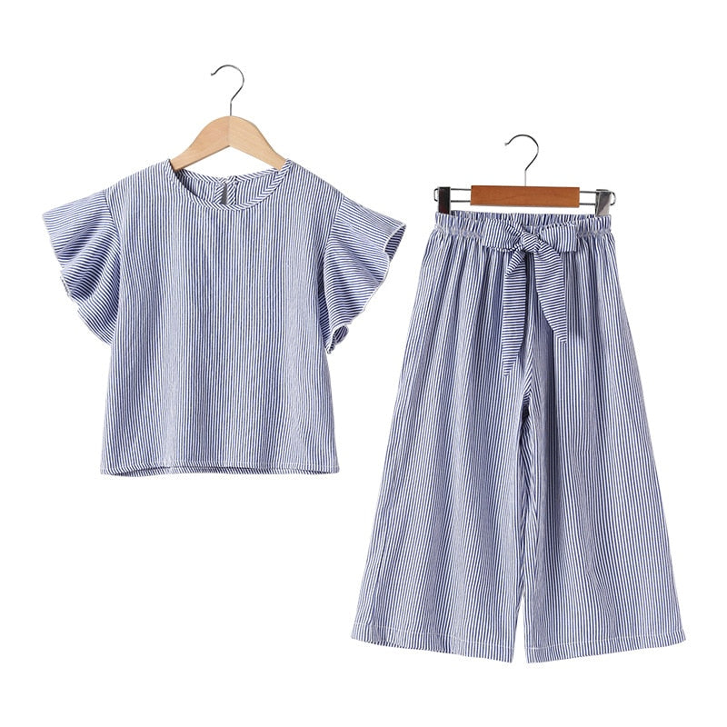 Korean Big Girls Summer Clothing Sets 2021 New Kids Striped Ruffle Sleeve +Wide Leg Pants Fashion Two-piece Teenage Outfits Set