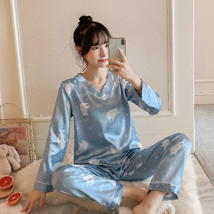 Silk Pajamas Women Cartoons Pajamas for Women Summer Nightwear Plus Size Pajama Two Piece Set Satin Silk Pyjamas Loungewear