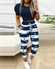 Women Fashion Casual Two-Piece Set Suits Set Female Spring Summer Clothes Short Sleeve Top &Striped Star Drawstring Pants Set