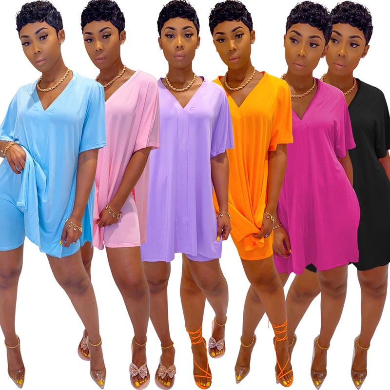 Two Piece Set Women Clothes Casual V Neck T Shirt Top and Shorts Set Streetwear Sexy 2 Piece Outfits for Women Suit Summer Short