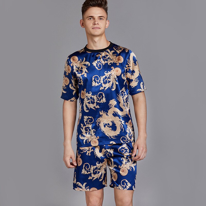 Summer Men Pyjama Set Print Satin Men Pajama Suit Short Sleeve Shorts Silk Pajama Man Sleepwear Spring Pajama Male Nightgown XXL