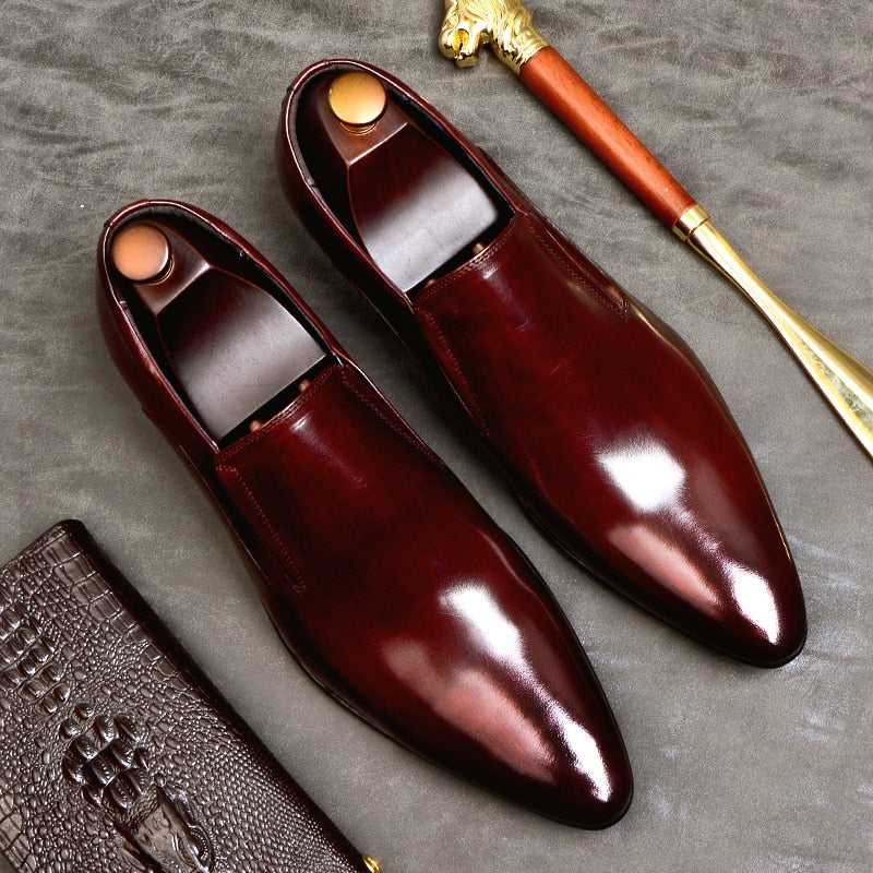 Classic Pointed Toe Business Men's Dress Shoes Genuine Leather Formal Wedding Shoes Slip On Office Oxford Shoes For Men A42