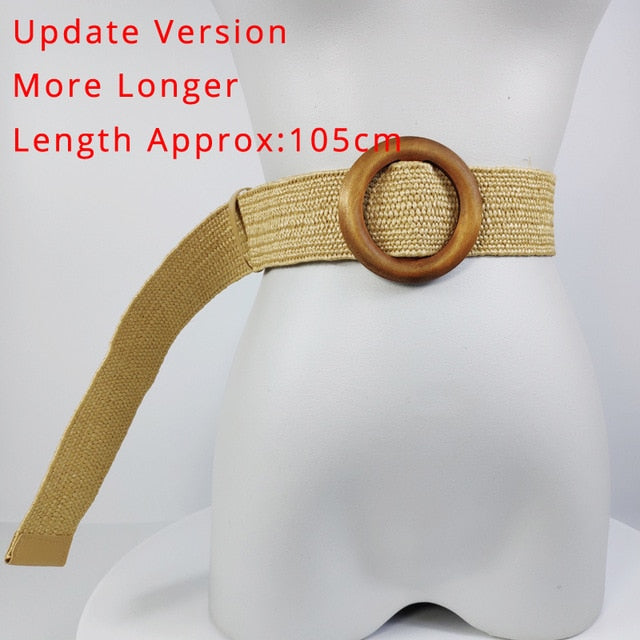 Women Bohemian Elastic Braided Belt Fashion Female Summer Dress Jeans Wide Black PP Straw Designer Wood Buckle Boho Belts 232