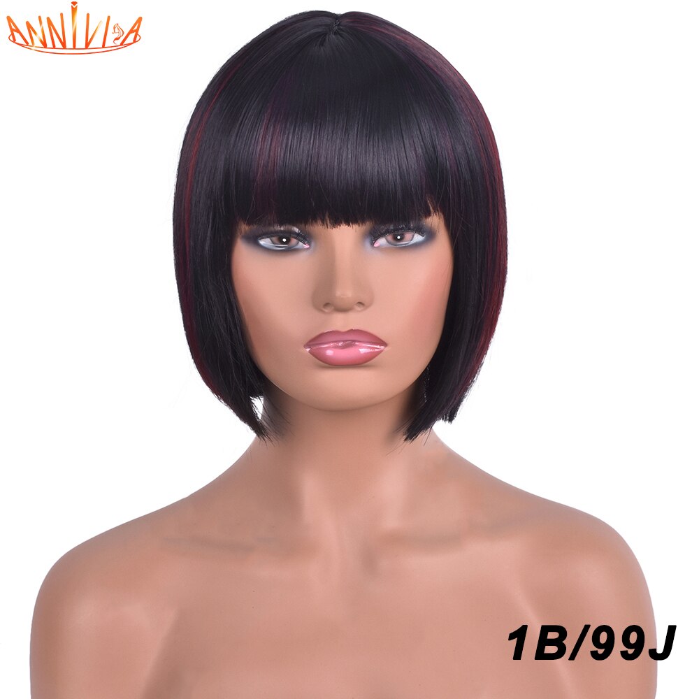 Short Bob Wigs With Bangs Straight Synthetic Hair Glueless Cosplay Wig For Black/White Women Heat Resistant Hair 8inch Annivia