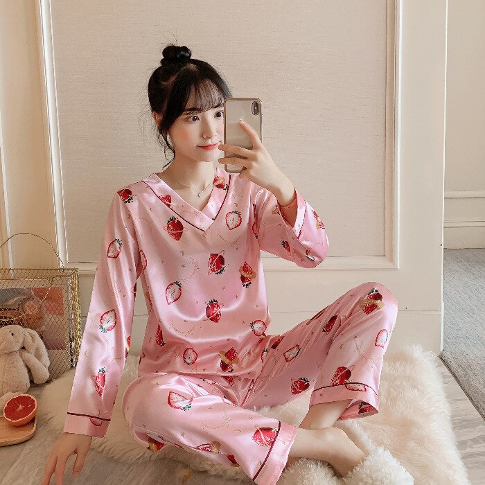 Silk Pajamas Women Cartoons Pajamas for Women Summer Nightwear Plus Size Pajama Two Piece Set Satin Silk Pyjamas Loungewear