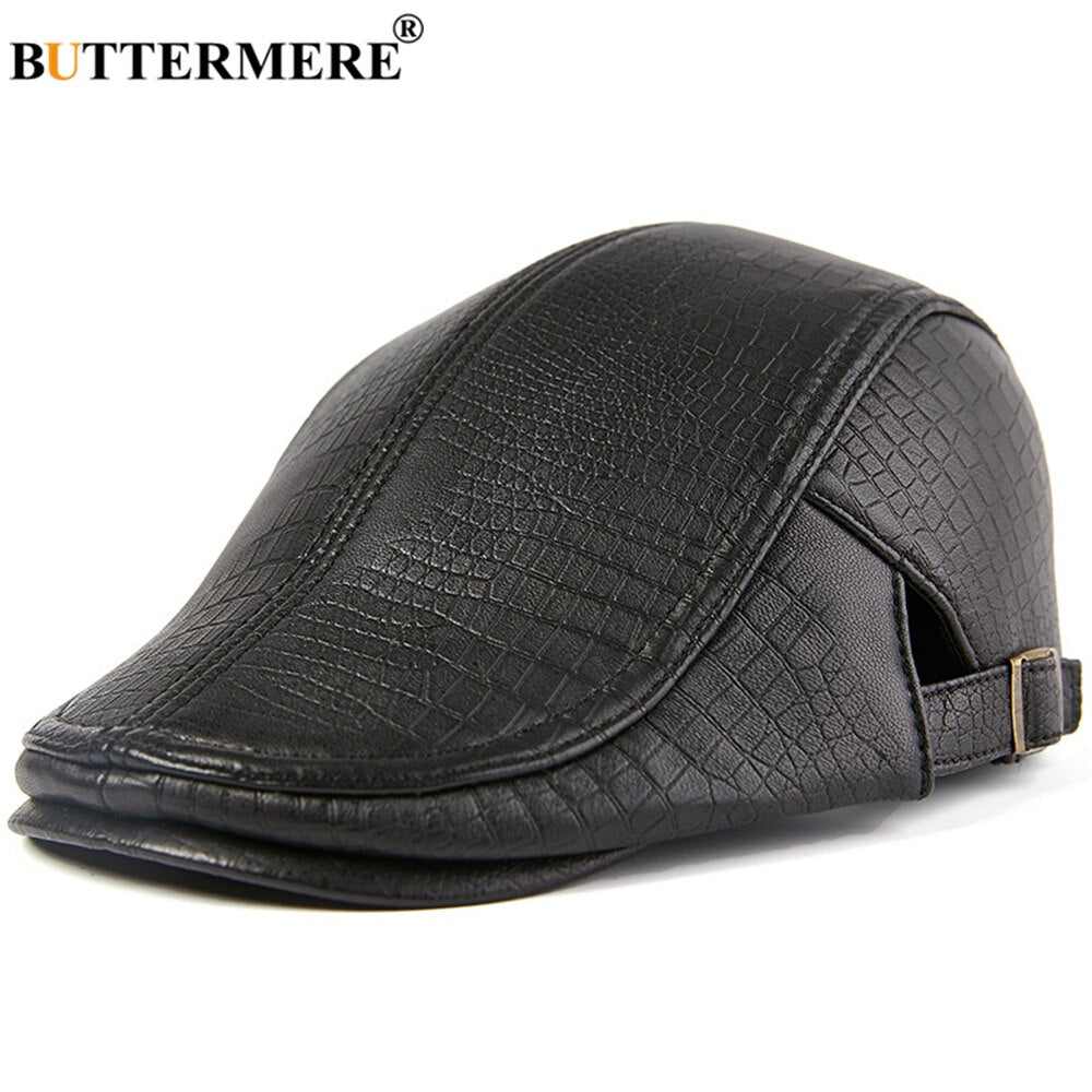 BUTTERMERE Men Beret Hat Real Leather Flat Cap Sheepskin Autumn Winter Male Brown