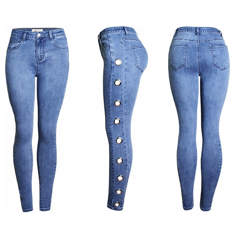 Side Eyelets High Waist Jeans Hollow Out Boyfriend Jeans For Women Skinny High Street Jeans Blue Black Denim Pencil Pants